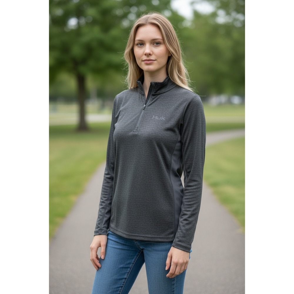 Huk Pursuit Womens Quarter Zip Pullover Charcoal Heather Performance Fishing Top